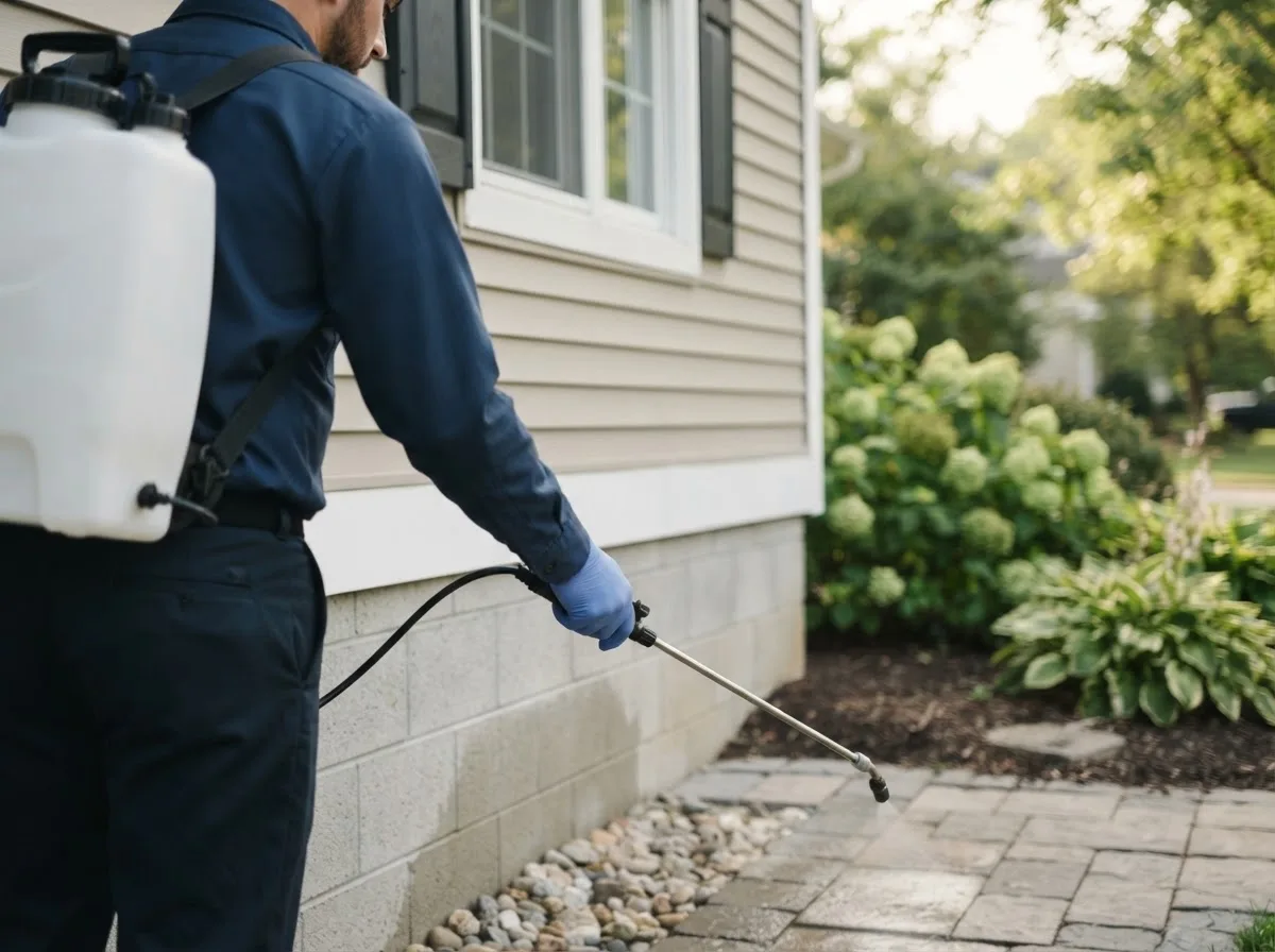 Pest control technician inspecting a home in Holts Summit, MO